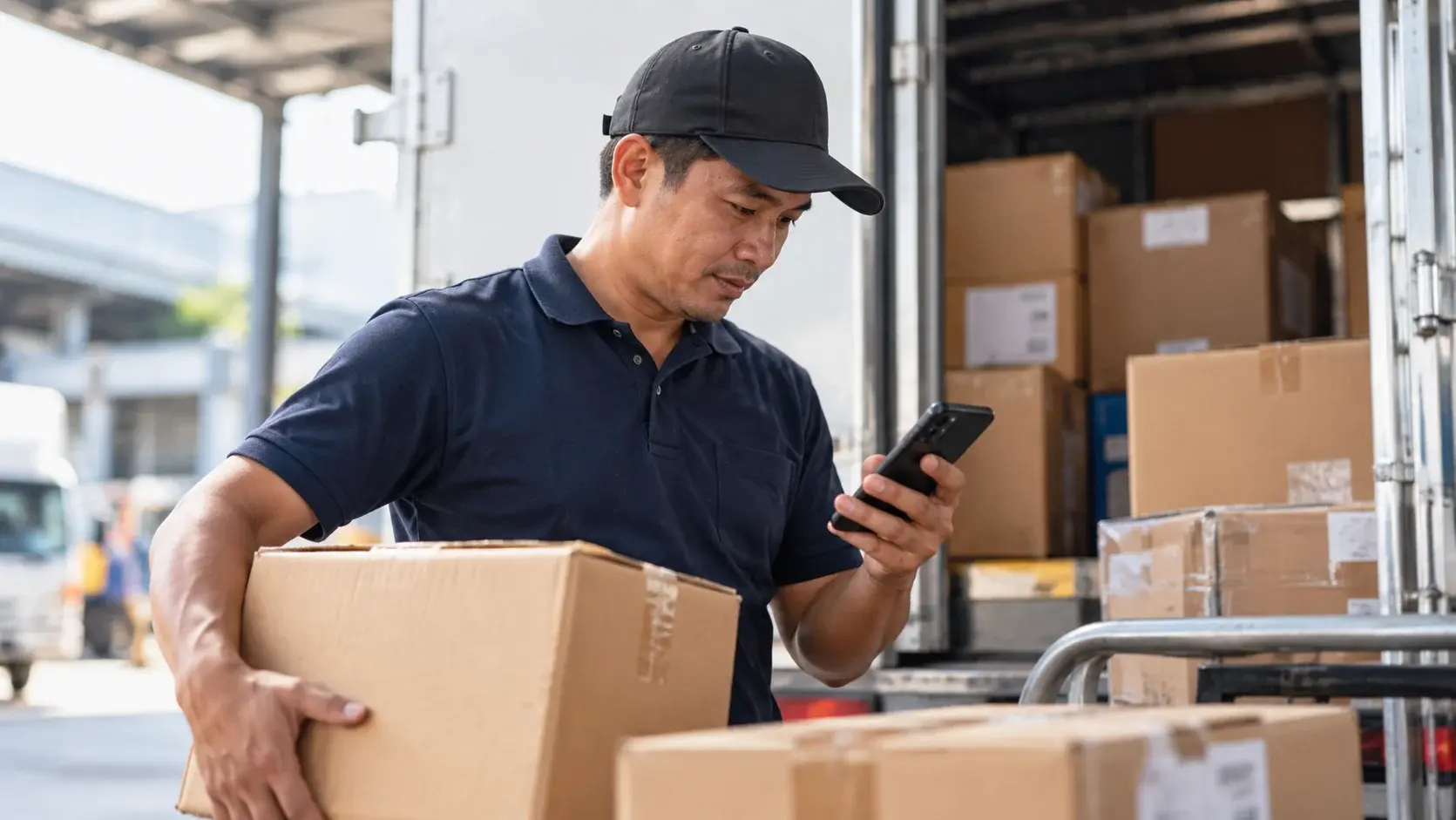 Focused Delivery Worker Loading Packages