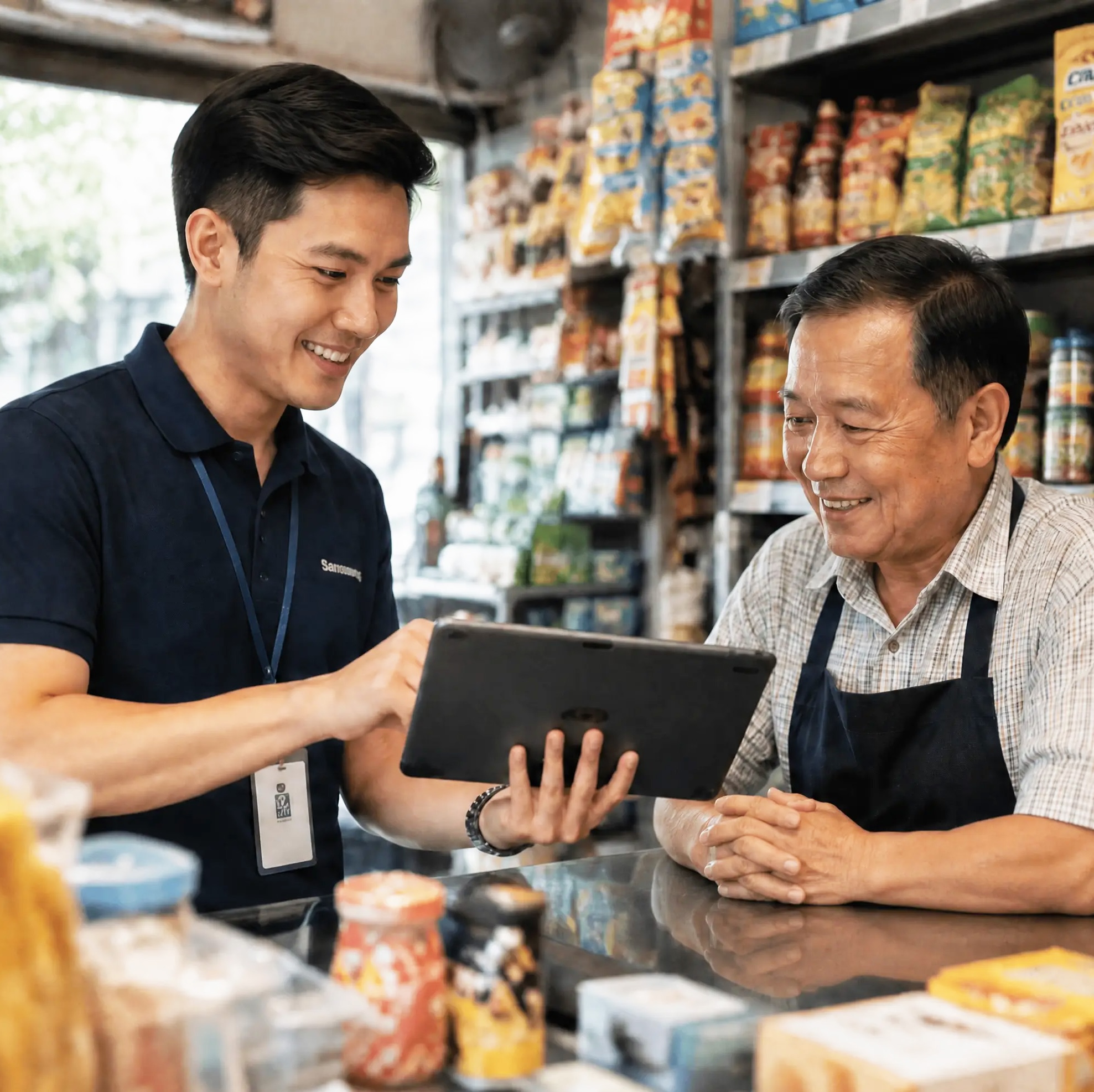 1. Sales rep takes order from retail shop owner at counter-3